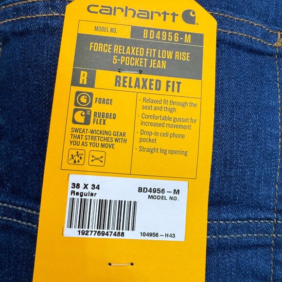Carhartt Mens Size 38x34 Blue Force Relaxed Fit Low Rise 5-Pocket Jeans - Picture 4 of 10